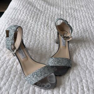 Jimmy Choo Glitter Block Heel Sandals - Silver